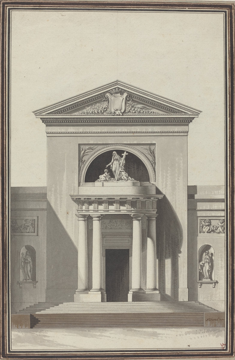 Facade for a Church with a Sculpture Representing Faith by Louis Gustave Taraval (French, 1739 - 1794), 16X12"(A3)Poster Print