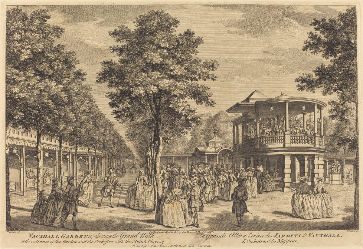 Vauxhall Gardens shewing the Grand Walk at the Entrance of the Garden and the Orchestra with Musick Playing by Johann Sebastian Müller after Samuel Wale (German, 1715 - 1785 or after), 16X12"(A3)Poster Print