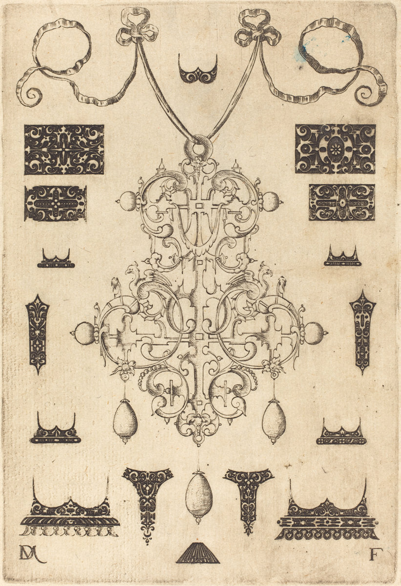 Large Pendant with Three Drops Below, Surrounded by Fifteen Different Studs by Daniel Mignot (German, active 1593/1596), 16X12"(A3)Poster Print