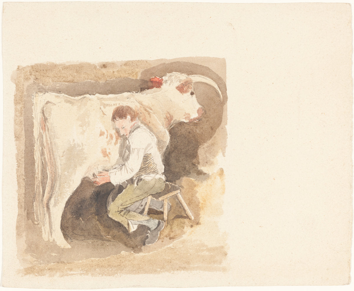 Boy Milking Cow by Attributed to John Sell Cotman (British, 1782 - 1842), 16X12"(A3)Poster Print