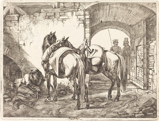 Cossack Horses in a Courtyard by Johann Adam Klein (German, 1792 - 1875), 16X12"(A3)Poster Print