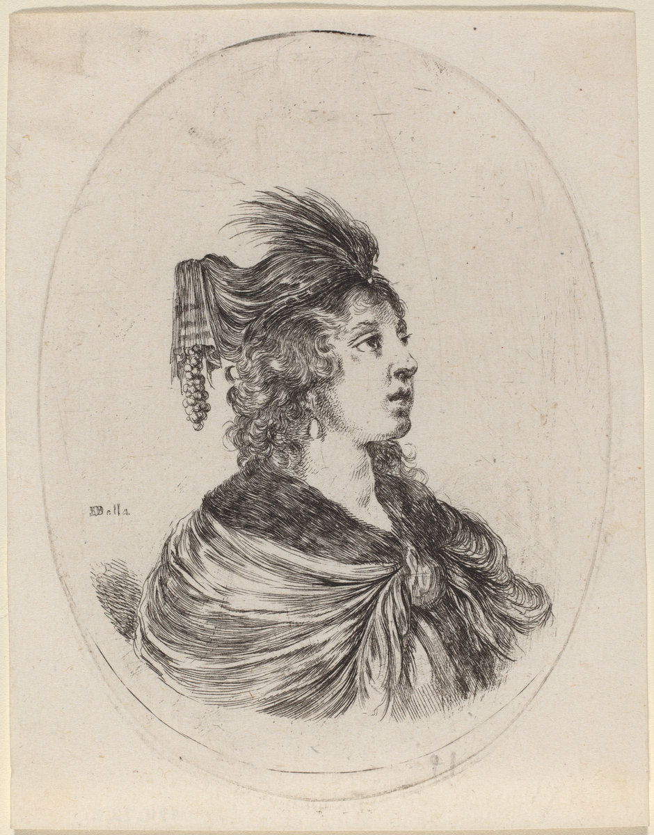 Woman in a Feathered Turban, Turned to the Right by Stefano Della Bella (Italian, 1610 - 1664), 16X12"(A3)Poster Print