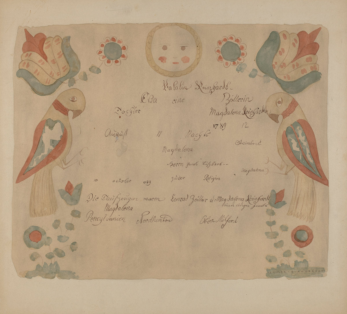 Pa. German Birth Certificate by Elmer G. Anderson (American, active c. 1935), 16X12"(A3)Poster Print