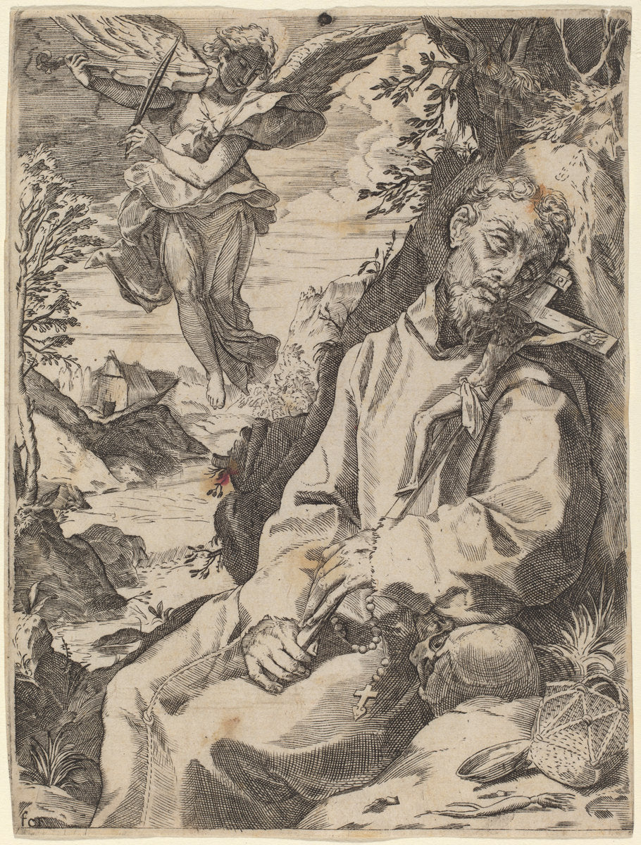 Saint Francis Consoled by the Musical Angel by Attributed to Francesco Carracci after Agostino Carracci (Italian, c. 1595 - 1622), 16X12"(A3)Poster Print