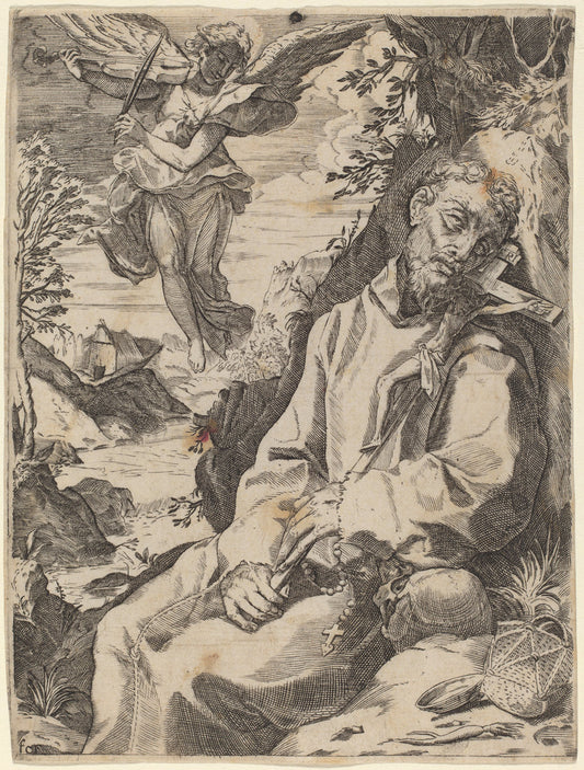 Saint Francis Consoled by the Musical Angel by Attributed to Francesco Carracci after Agostino Carracci (Italian, c. 1595 - 1622), 16X12"(A3)Poster Print