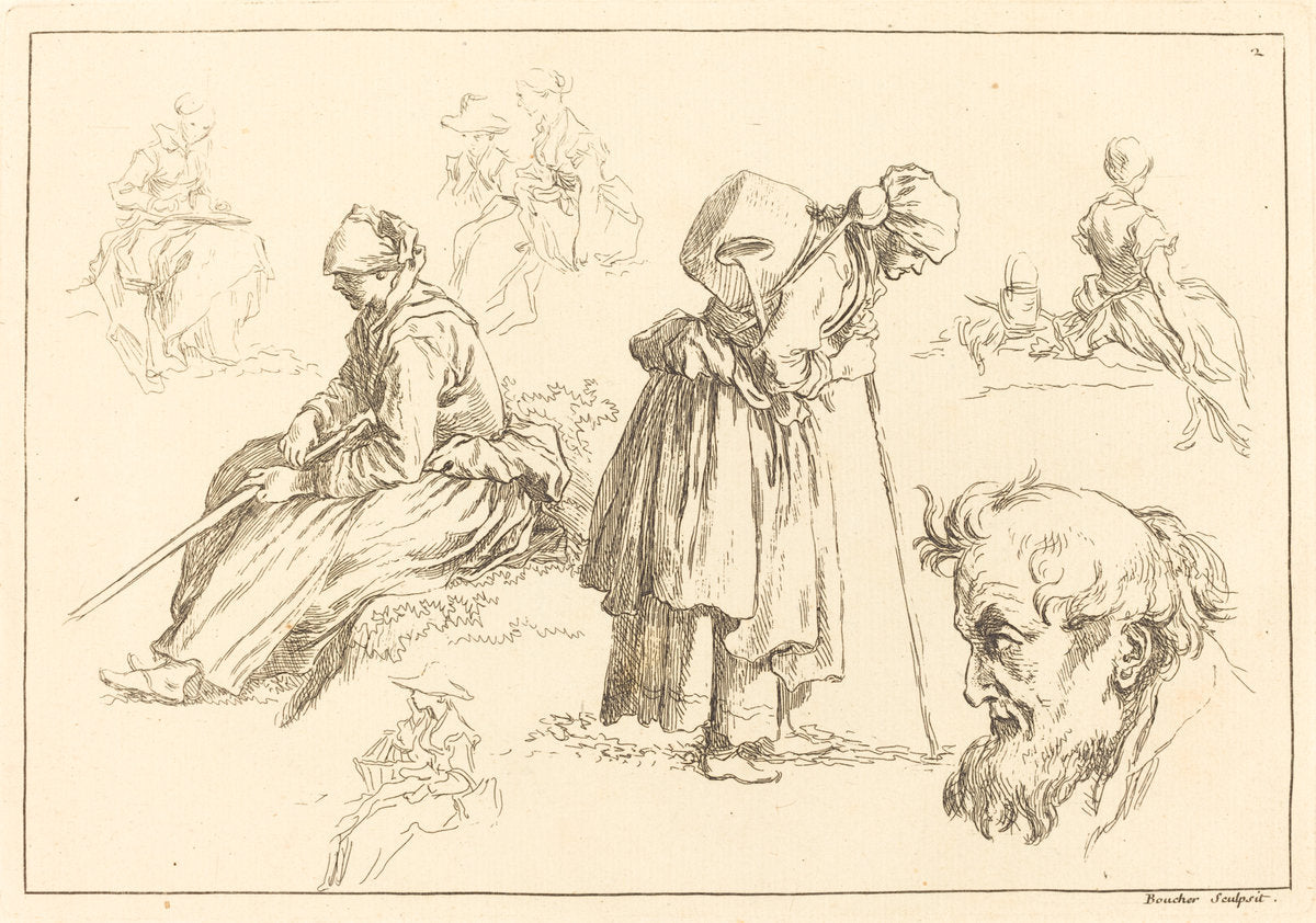 Figure Studies including Woman with a Kettle by François Boucher after Abraham Bloemaert (French, 1703 - 1770), 16X12"(A3)Poster Print