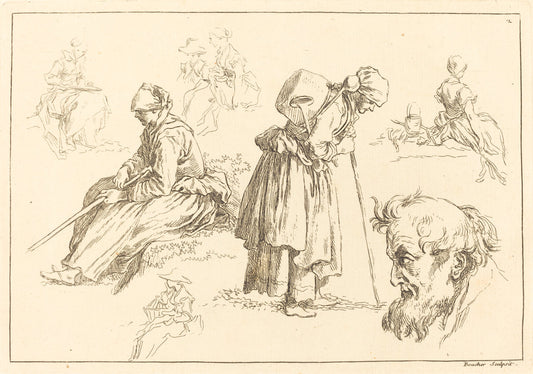 Figure Studies including Woman with a Kettle by François Boucher after Abraham Bloemaert (French, 1703 - 1770), 16X12"(A3)Poster Print
