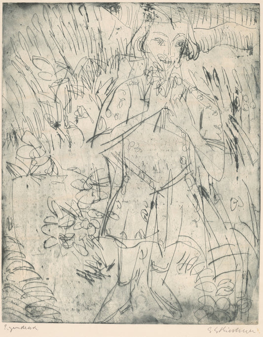 Girl with Flowers by Ernst Ludwig Kirchner (German, 1880 - 1938), 16X12"(A3)Poster Print