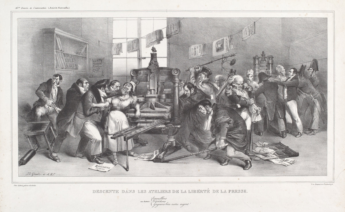 Descente dans les Ateliers de la Liberté de la presse by Jean-Ignace-Isidore Grandville, and Auguste Desperet (French, 1803 - 1847), 16X12"(A3)Poster Print
