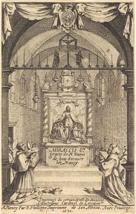 Frontispiece for the Miracles and Graces of Our Lady of "Bon-Secours-les-Nancy" by Jacques Callot (French, 1592 - 1635), 16X12"(A3)Poster Print