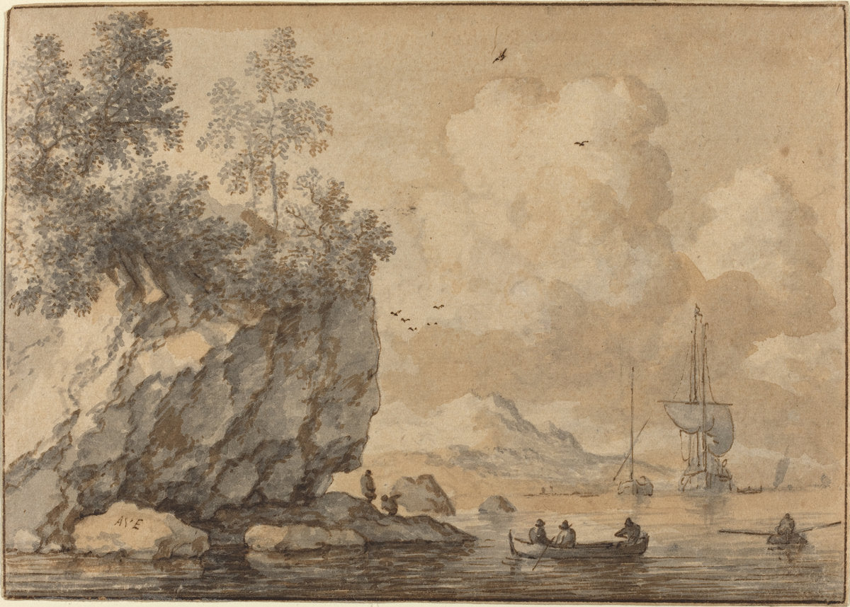 Figures in Rowing Boats in a Rocky Cove, Sailing Ships Beyond by Allart van Everdingen (Dutch, 1621 - 1675), 16X12"(A3)Poster Print