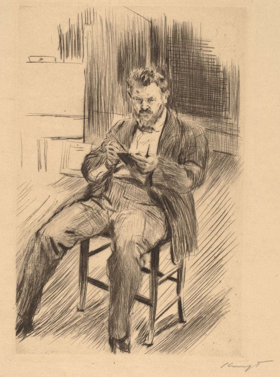 Self Portrait (sketching in his studio) by Max Slevogt (German, 1868 - 1932), 16X12"(A3)Poster Print