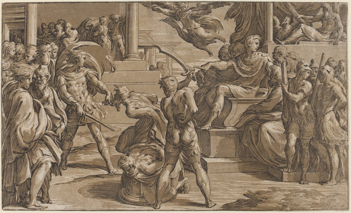 The Martyrdom of Saints Peter and Paul by Antonio da Trento after Parmigianino (Italian, c. 1508 - 1550 or after), 16X12"(A3)Poster Print