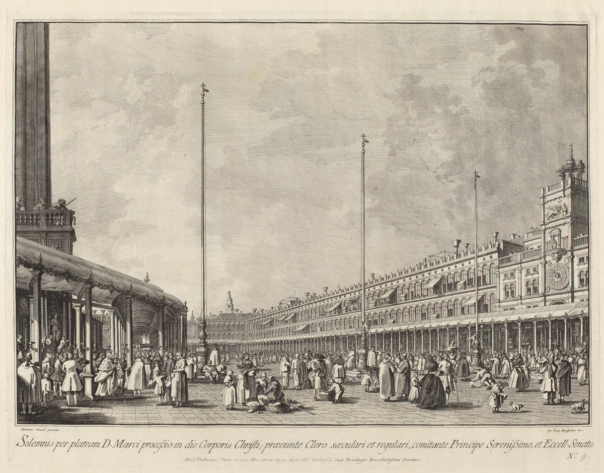 Procession on Corpus Christi Day in the Piazza San Marco by Giovanni Battista Brustolon after Canaletto (Italian, 1712 - 1796), 16X12"(A3)Poster Print