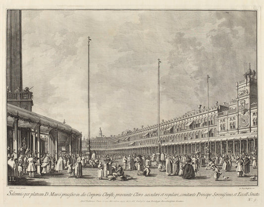 Procession on Corpus Christi Day in the Piazza San Marco by Giovanni Battista Brustolon after Canaletto (Italian, 1712 - 1796), 16X12"(A3)Poster Print