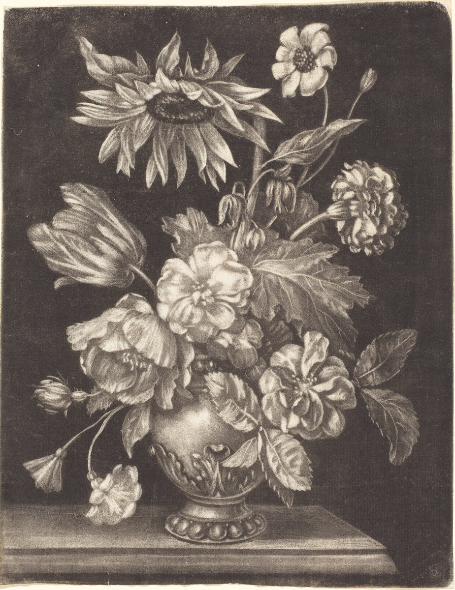 Floral Still Life with a Sunflower by Elias Christoph Heiss (German, 1660 - 1731), 16X12"(A3)Poster Print