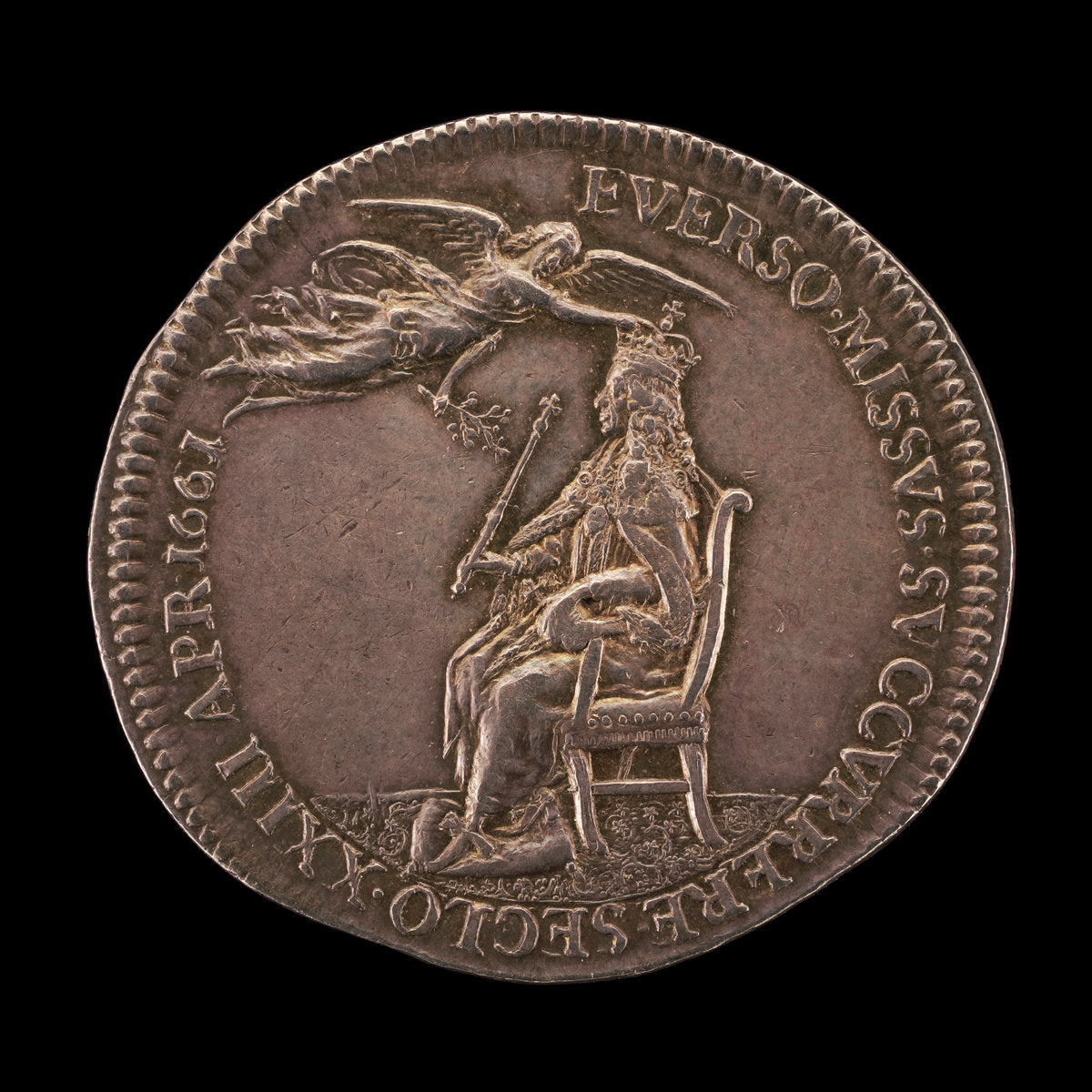 King Charles II Enthroned, being Crowned by Peace [reverse] by Thomas Simon (English, 1618 - 1665), 16X12"(A3)Poster Print