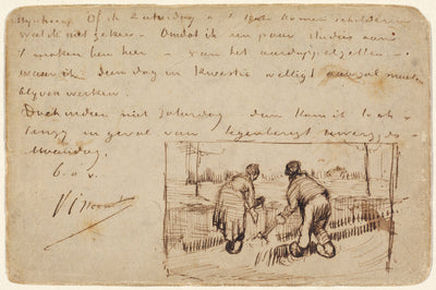 Postcard with Two Peasants Digging by Vincent van Gogh (Dutch, 1853 - 1890), 16X12"(A3)Poster Print