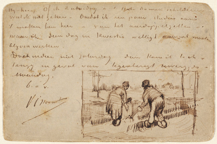 Postcard with Two Peasants Digging by Vincent van Gogh (Dutch, 1853 - 1890), 16X12