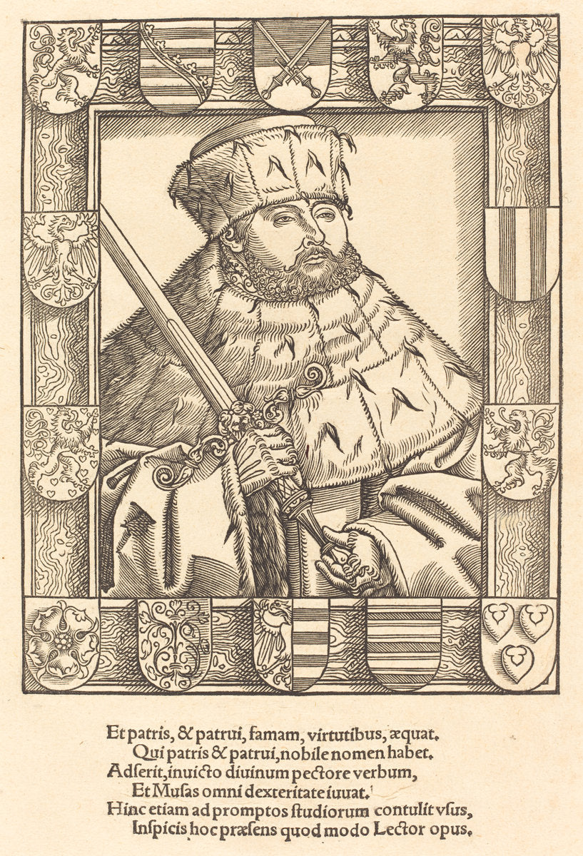 woodcut by after Lucas Cranach the Younger (John Frederic the Magnanimous, in Electoral Robes), 16X12"(A3)Poster Print