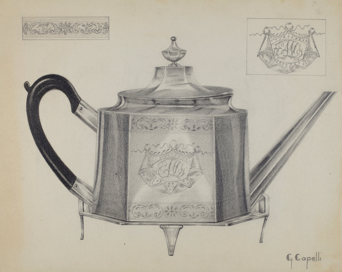 Silver Teapot with Tray by Giacinto Capelli (American, active c. 1935), 16X12"(A3)Poster Print