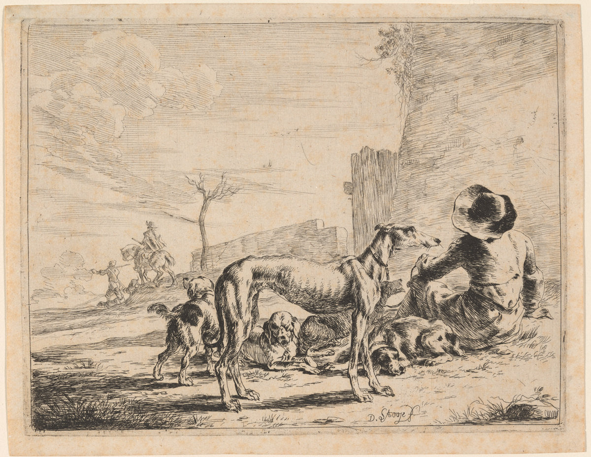 A Seated Man with a Pack of Dogs by Dirck Stoop (Dutch, 1618 - 1676), 16X12"(A3)Poster Print