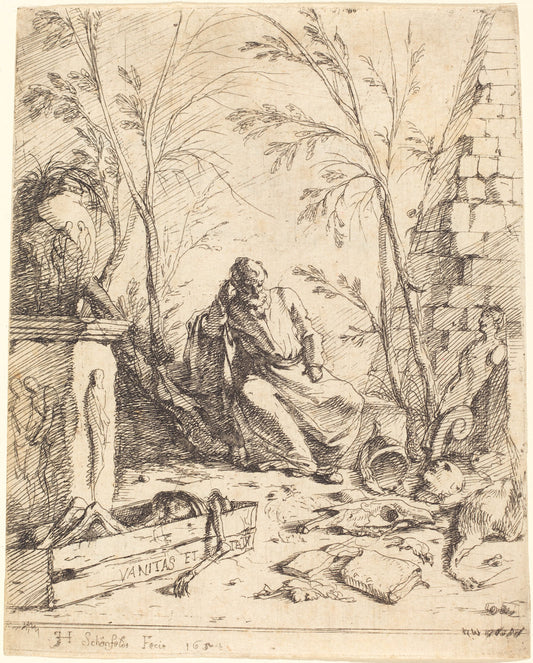 Democritus Meditating by Johann Heinrich Schönfeld (German, 1609 - c. 1682), 16X12"(A3)Poster Print