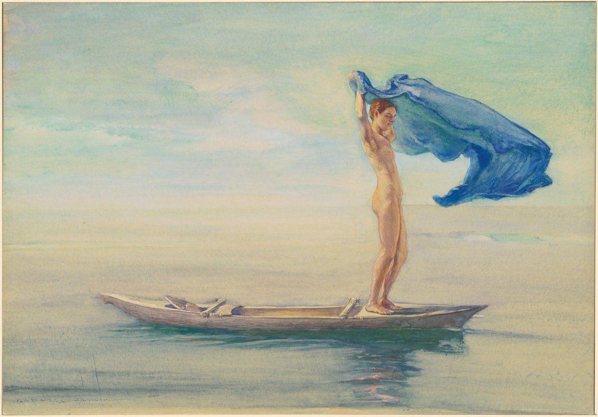 Girl in Bow of Canoe Spreading Out Her Loin-Cloth for a Sail, Samoa by John La Farge (American, 1835 - 1910), 16X12"(A3)Poster Print