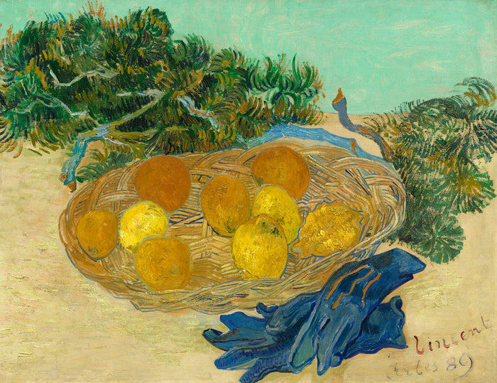 Still Life of Oranges and Lemons with Blue Gloves by Vincent van Gogh (Dutch, 1853 - 1890), 16X12