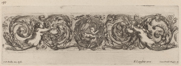 Ornamental Frieze with Cupid and Psyche by Stefano Della Bella (Italian, 1610 - 1664), 16X12"(A3)Poster Print