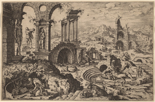 Saint Jerome in a Landscape with Ruins by Hieronymus Cock after Maerten van Heemskerck (Flemish, c. 1510 - 1570), 16X12"(A3)Poster Print