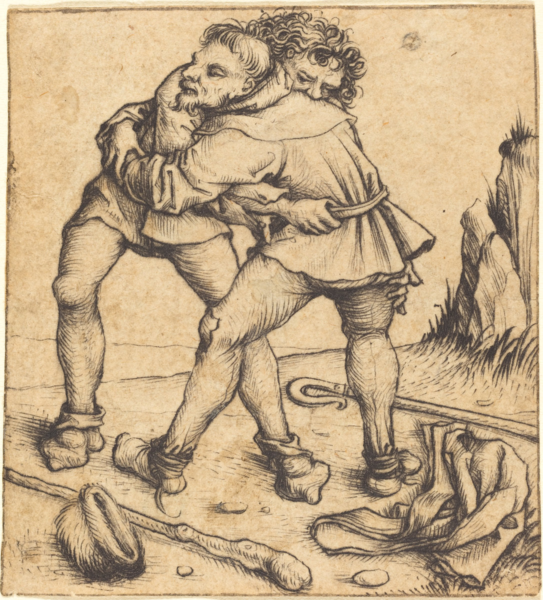 Two Peasants Fighting by Master of the Housebook (German, active c. 1470 - 1500), 16X12"(A3)Poster Print