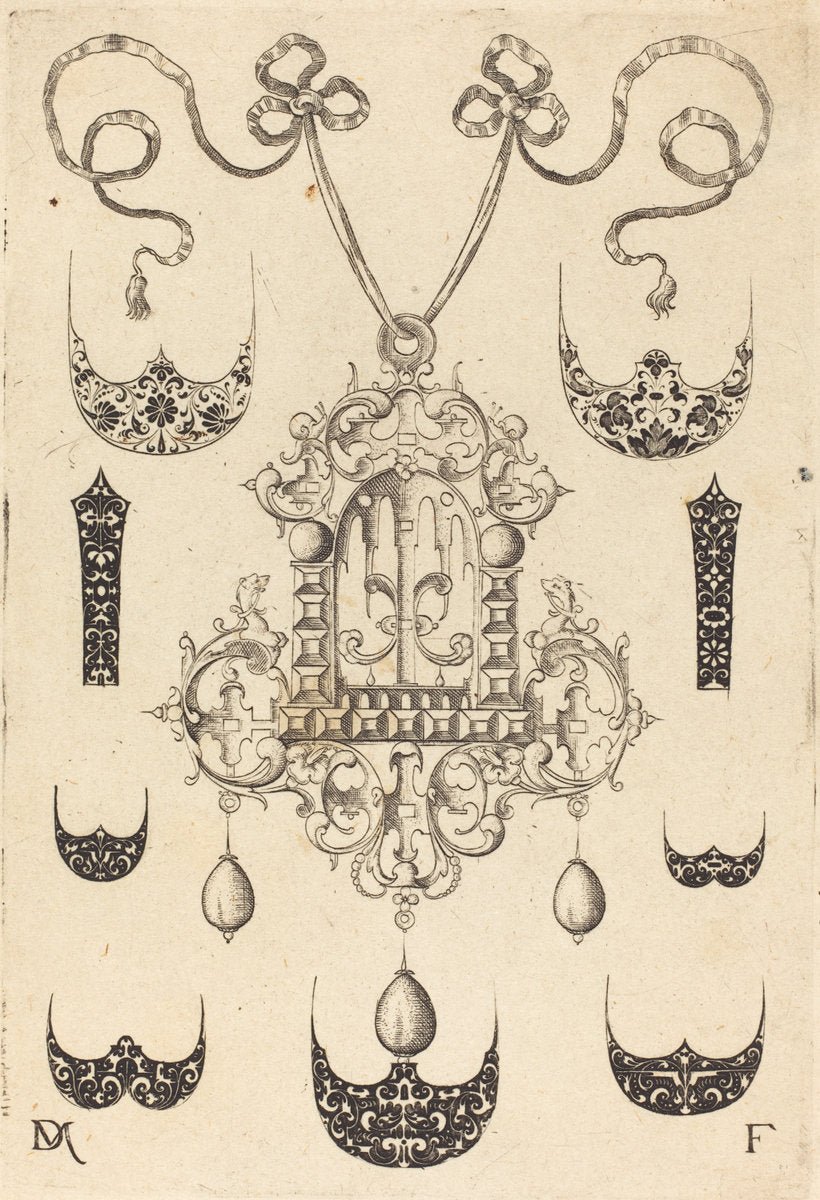 Pendant Surrounded by Seven Shields and Two Ornamental Bands by Daniel Mignot (German, active 1593/1596), 16X12"(A3)Poster Print
