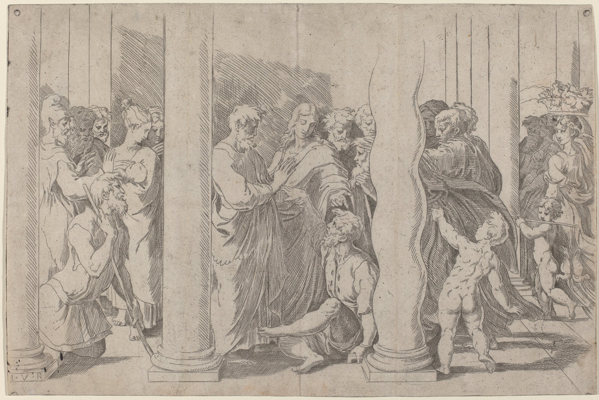 Peter and John Healing the Lame Man at the Gate of the Temple by Parmigianino after Raphael (Parmese, 1503 - 1540), 16X12"(A3)Poster Print