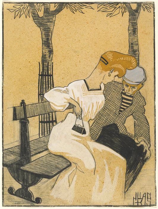 Man and Woman on Bench by Juan Gris (Spanish, 1887 - 1927), 16X12"(A3)Poster Print