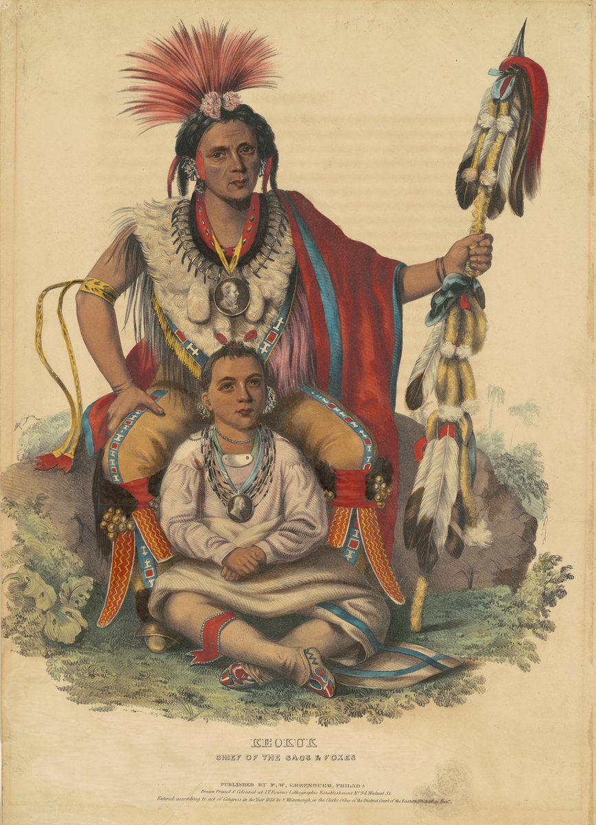 Keokuk, Chief of the Sacs and Foxes by John T. Bowen (American, born England,  1801 - 1856), 16X12"(A3)Poster Print