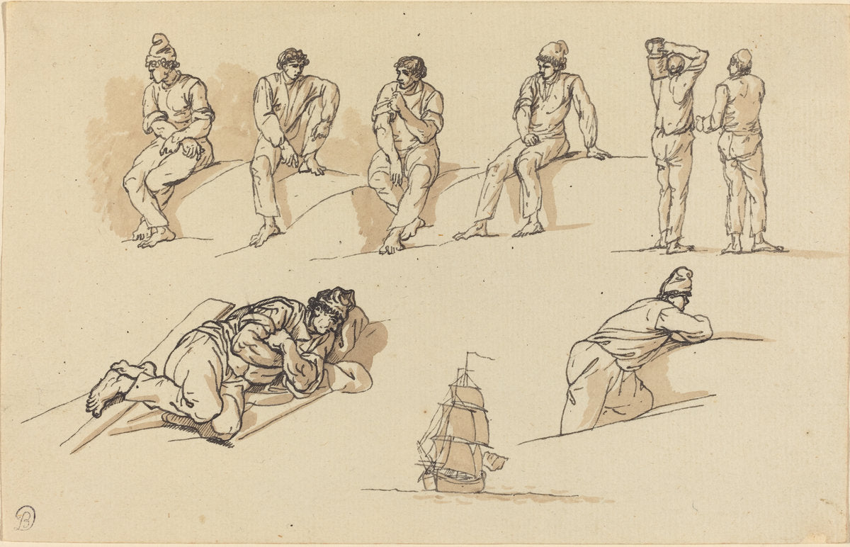 Eight Studies of Figures and a Ship at Sea by Claude-Joseph Vernet (French, 1714 - 1789), 16X12"(A3)Poster Print