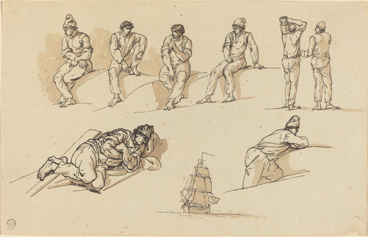 Eight Studies of Figures and a Ship at Sea by Claude-Joseph Vernet (French, 1714 - 1789), 16X12"(A3)Poster Print