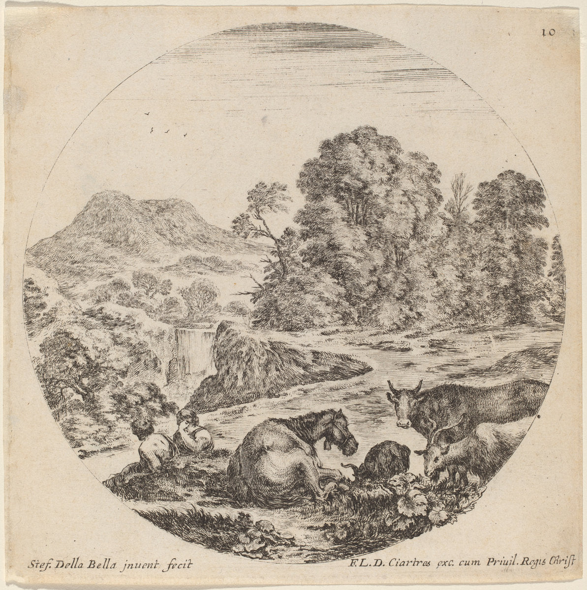 Landscape with Animals and Two Seated Shepherds by Stefano Della Bella (Italian, 1610 - 1664), 16X12"(A3)Poster Print