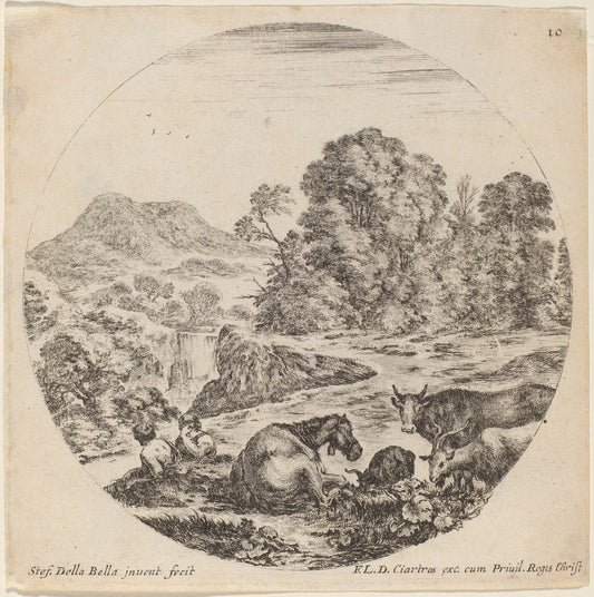 Landscape with Animals and Two Seated Shepherds by Stefano Della Bella (Italian, 1610 - 1664), 16X12"(A3)Poster Print