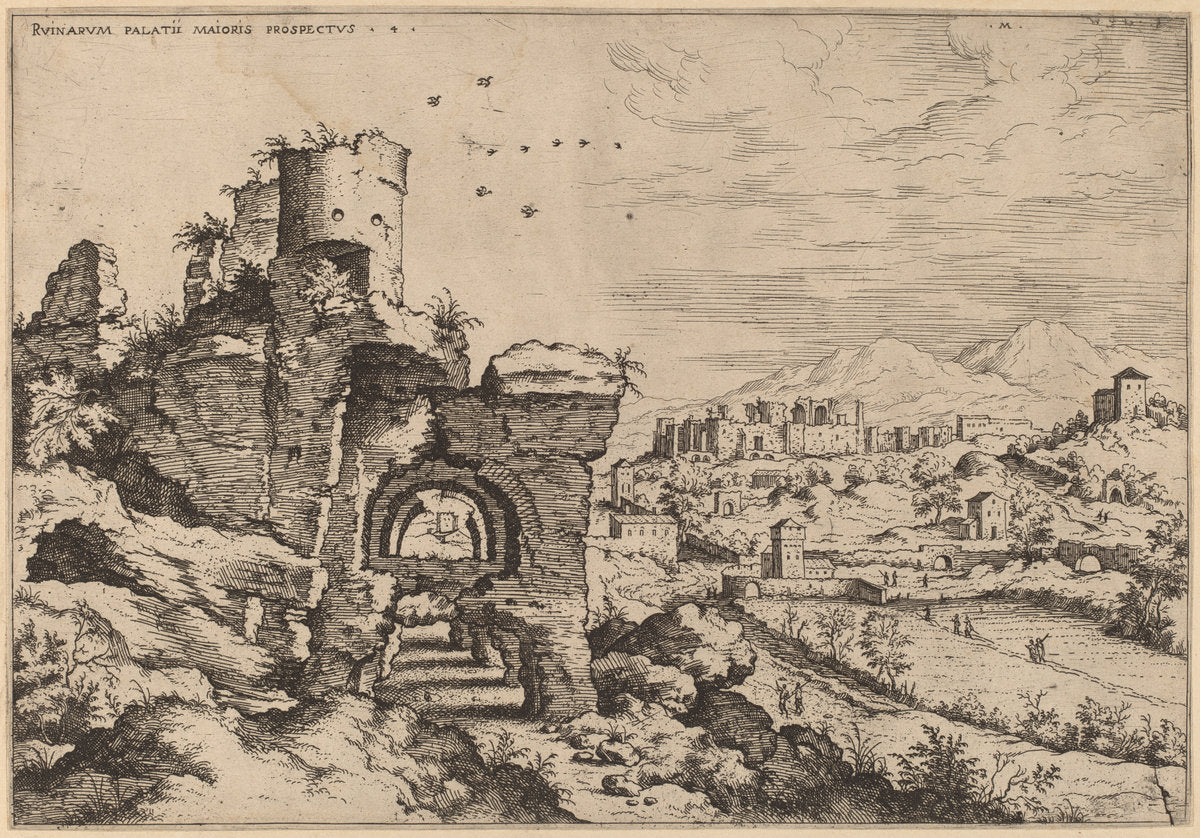 Ruins on the Palatine, Looking toward the Baths of Caracalla by Hieronymus Cock (Flemish, c. 1510 - 1570), 16X12"(A3)Poster Print