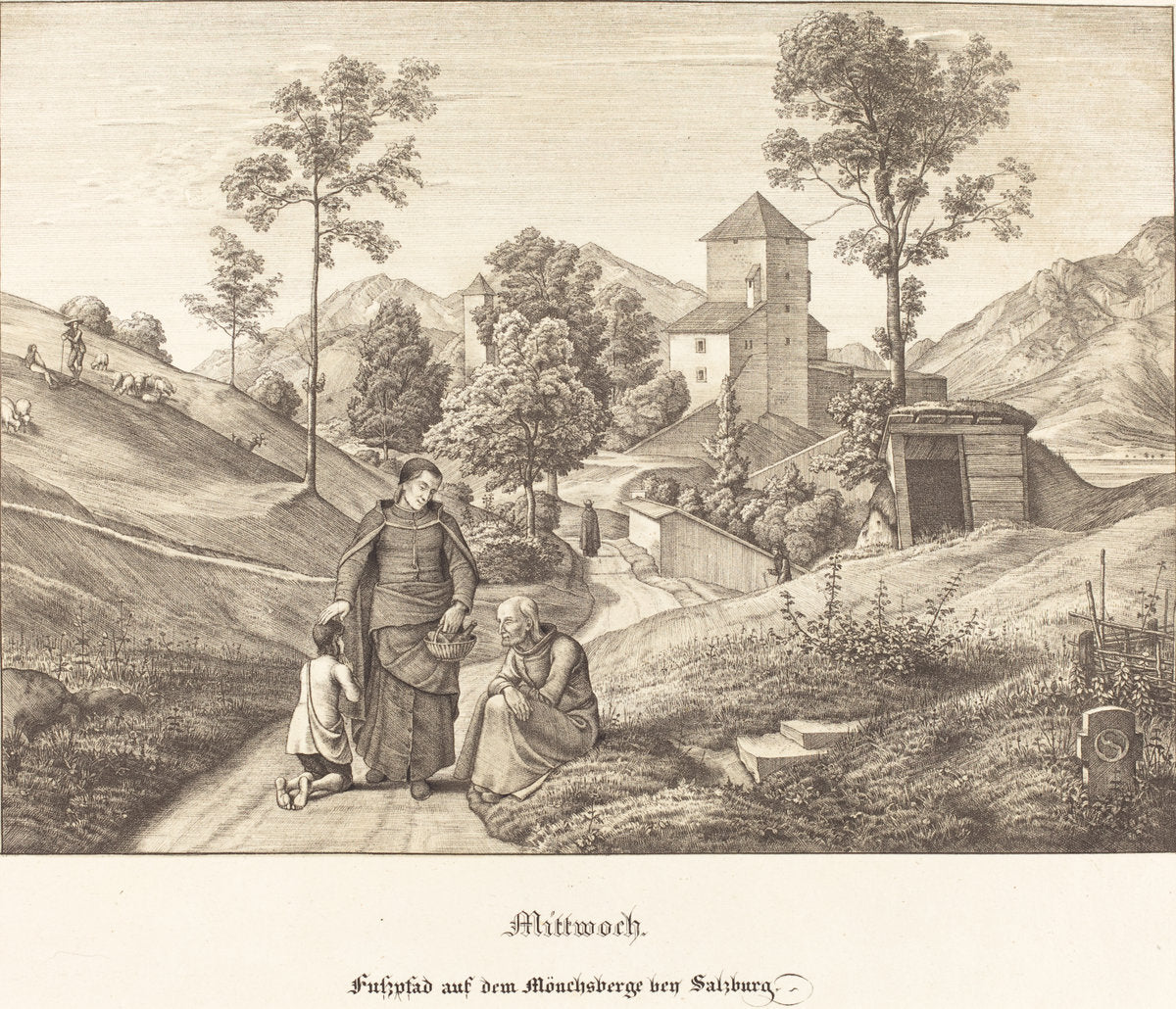 Mittwoch - Fusspfad auf dem Mönchsberge bey Salzburg (Wednesday - Footpath on the Mönchsberge near Salzburg) by Ferdinand Olivier (German, 1785 - 1841), 16X12"(A3)Poster Print