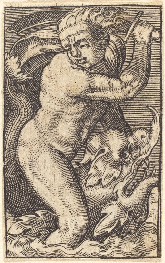 engraving by after Barthel Beham (Copy in reverse of "Sea-God to the Left Riding on a Dolphin"), 16X12"(A3)Poster Print
