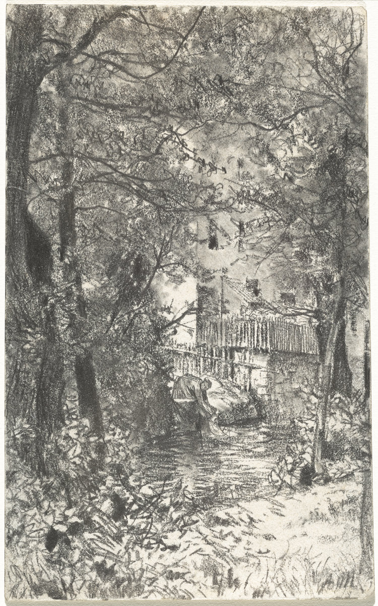 Landscape with a Washerwoman by Adolph Menzel (German, 1815 - 1905), 16X12"(A3)Poster Print