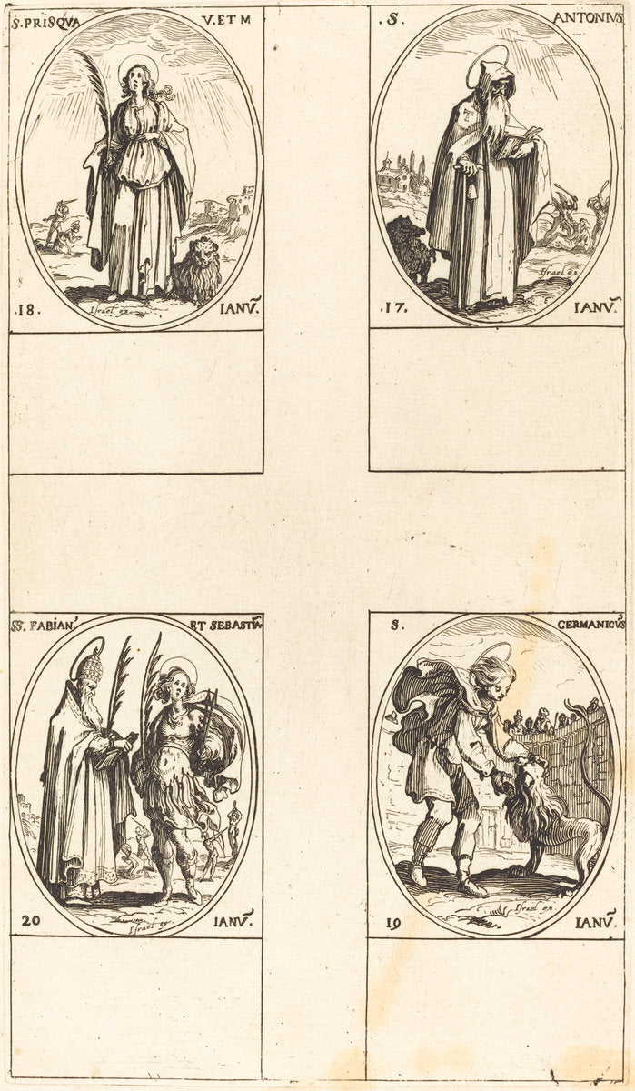 St. Anthony; St. Prisca; St. Germanicus;  Sts. Fabian and Sebastian by Jacques Callot (French, 1592 - 1635), 16X12"(A3)Poster Print