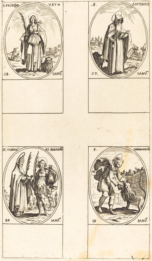 St. Anthony; St. Prisca; St. Germanicus;  Sts. Fabian and Sebastian by Jacques Callot (French, 1592 - 1635), 16X12"(A3)Poster Print