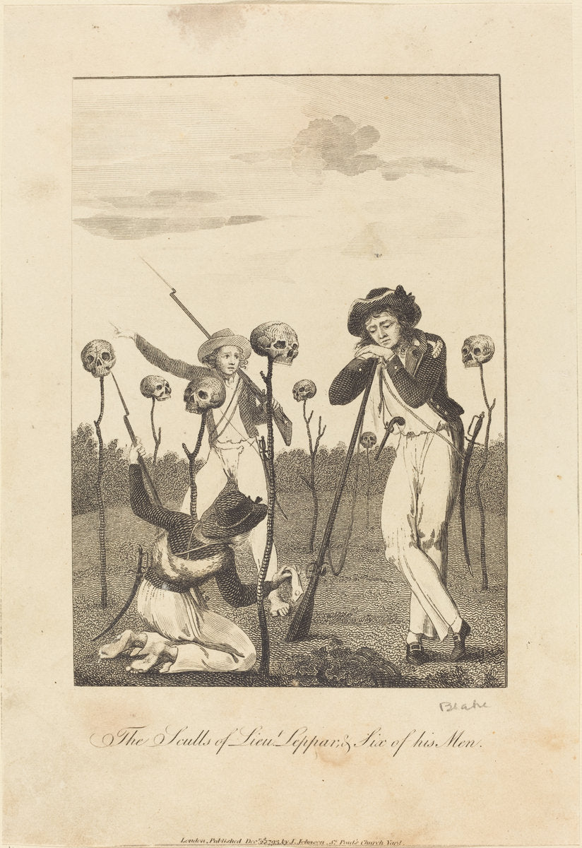 The Sculls of Lieut Leppar, & Six of his Men by William Blake after John Gabriel Stedman (British, 1757 - 1827), 16X12"(A3)Poster Print