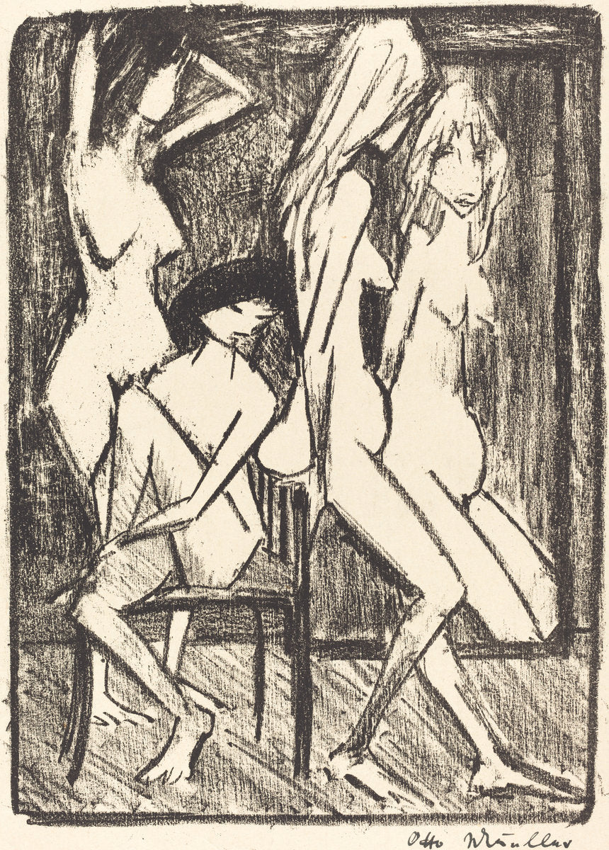 Three Girls in front of a Mirror (Drei Madchen vor dem Speigel) by Otto Müller (German, 1874 - 1930), 16X12"(A3)Poster Print