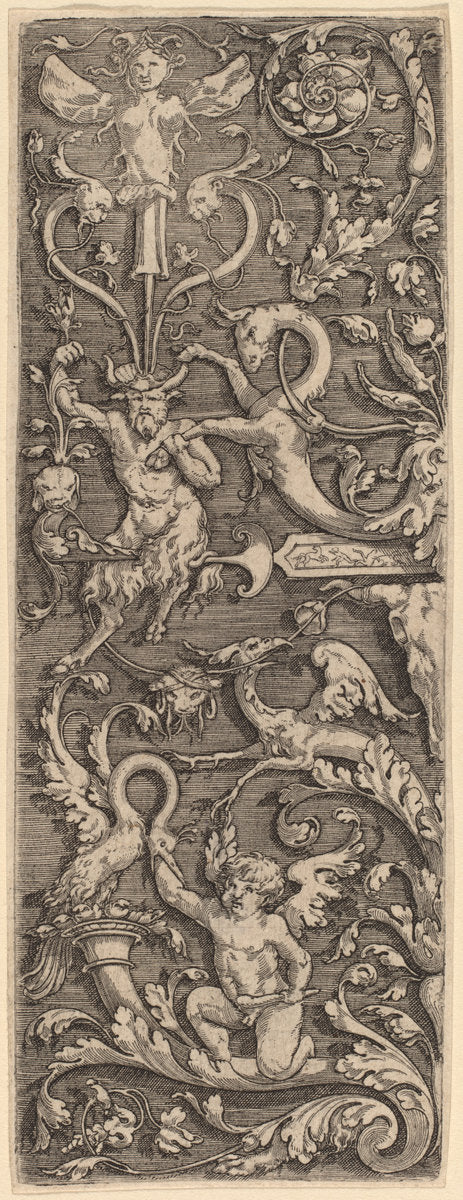 Ornament with a Cupid, a Satyr,  and Grotesque Figures by Master of the Horse Heads (Netherlandish, active first third 16th century), 16X12"(A3)Poster Print
