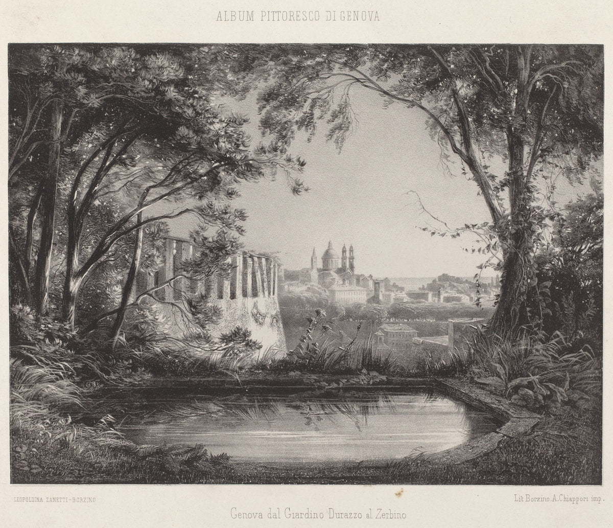 Genoa at the Giardino Durazzo al Zerbino by Leopoldina Zanetti Borzino (Italian, 1826 - 1902), 16X12"(A3)Poster Print